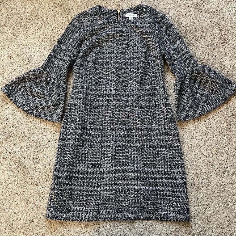 Calvin Klein Women's Black White Plaid Ponte Knit Bell Sleeve Dress Size 4
